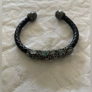 Black Braided Leather Cuff With Jeweled/bedazzled End